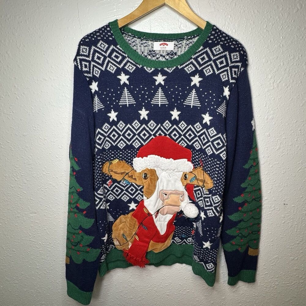 Ugly Christmas Sweater Cow Mens XL Holiday Time Festive Knit Blue Unique Fun Top